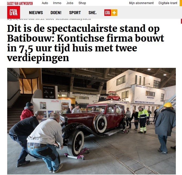 Krantenartikel van de Gazet Van Antwerpen met krantenkop: "Kontichse bouwfirma bouwt huis in 7,5 uur". Sneller bouwen dan met Quackels Woningbouw is onmogelijk.