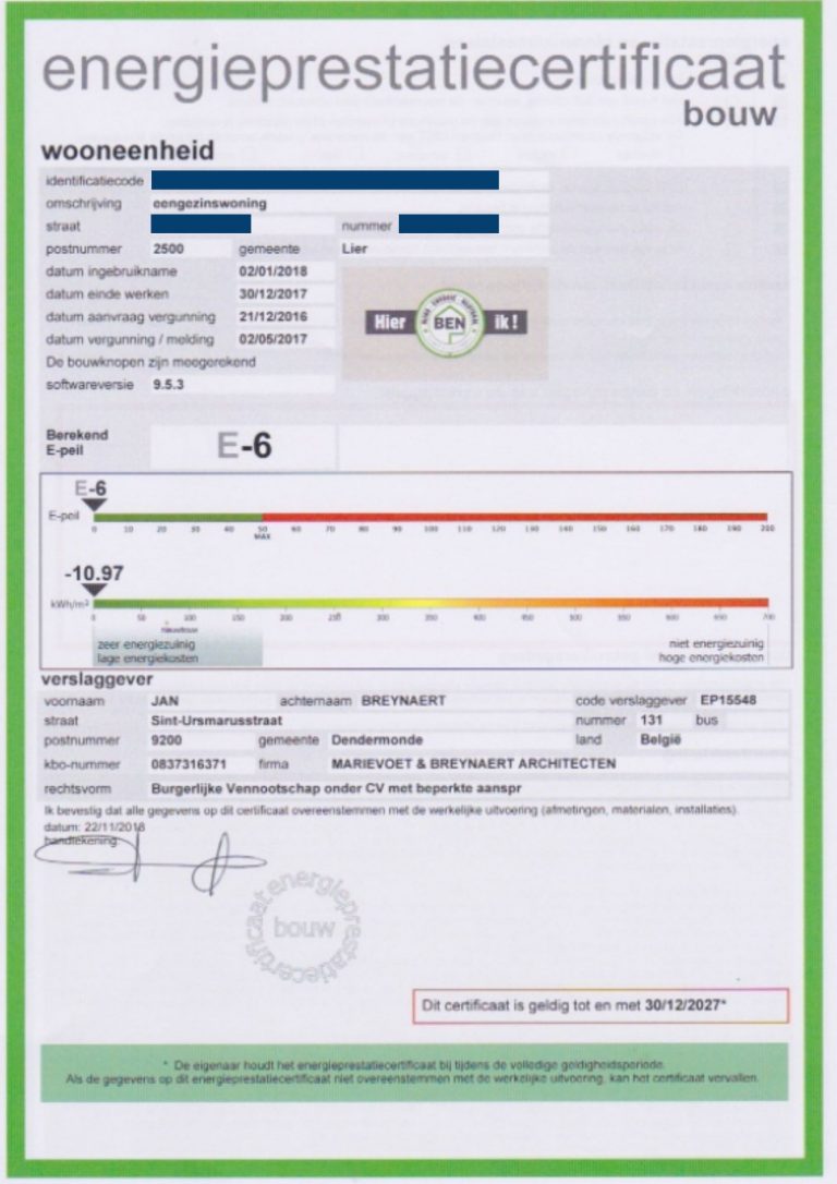 EPC certificaat van passiefhuis/BEN-woning